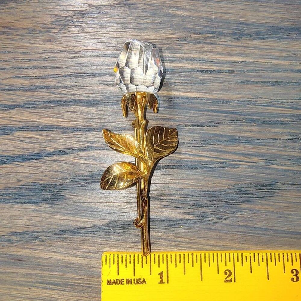 Vintage Swarovski Clear Crystal Rose Brooch Gold Tone
